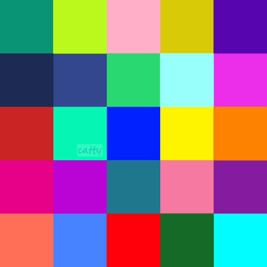 Grid of 25 colorful square blocks in bright solid colors arranged in 5 rows and 5 columns