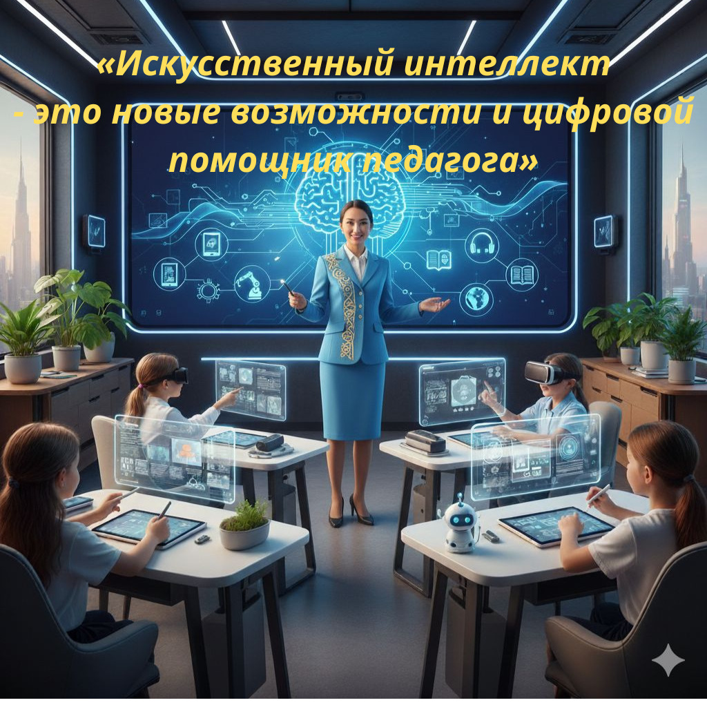 Teacher and students in a futuristic classroom with holographic screens and a large AI display