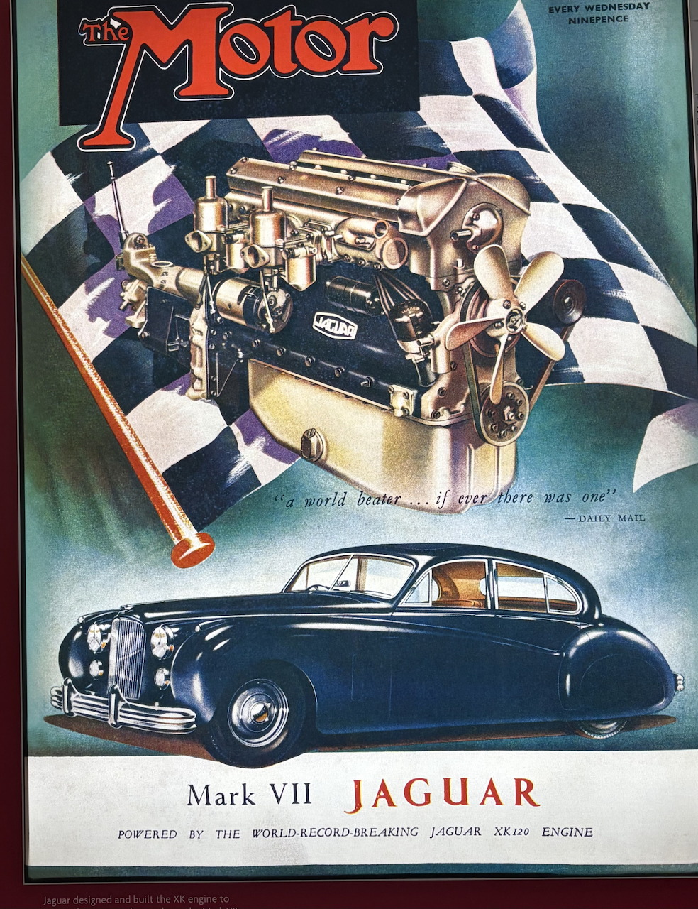 Vintage Motor magazine cover showing Jaguar Mark VII saloon car and engine with checkered flag