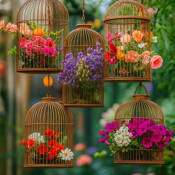 Colorful flowers arranged in hanging decorative birdcages with blurred garden background