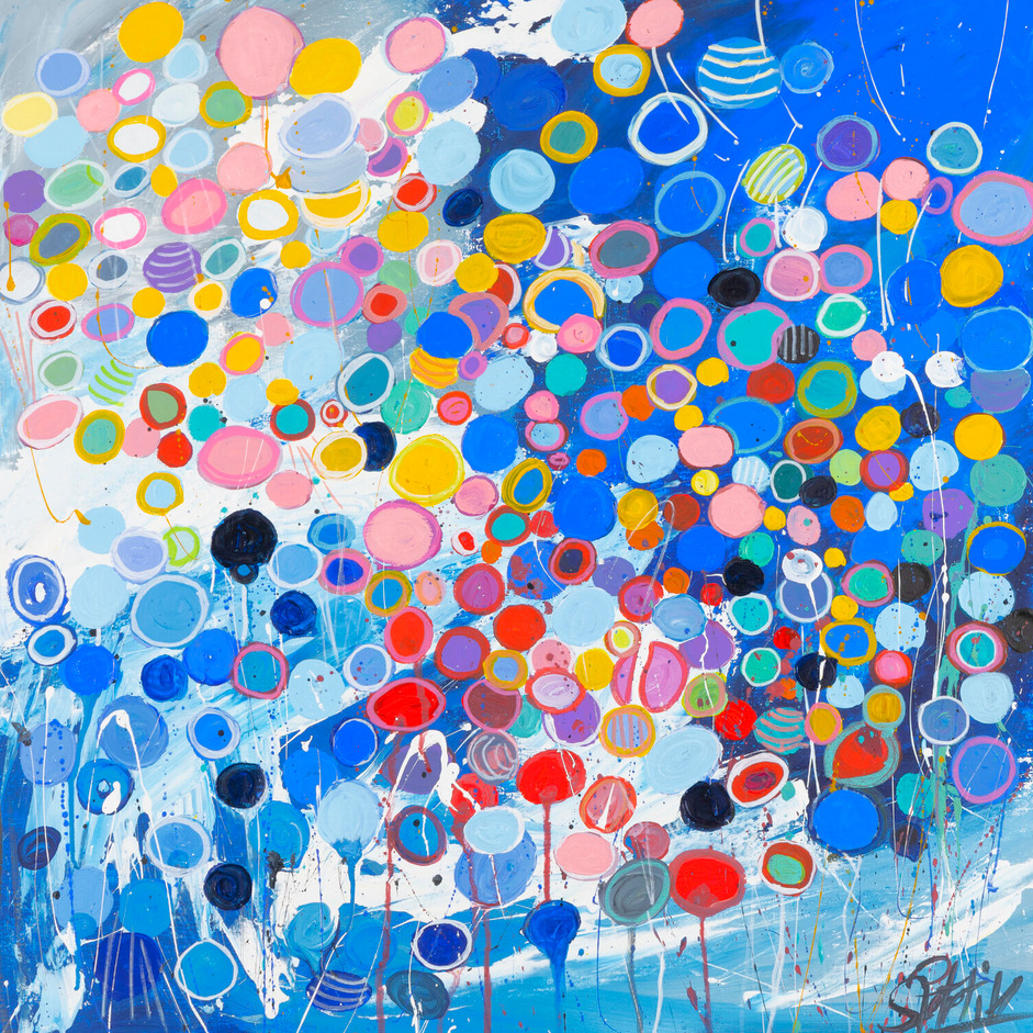 Abstract art with colorful overlapping circles and bubbles on blue background