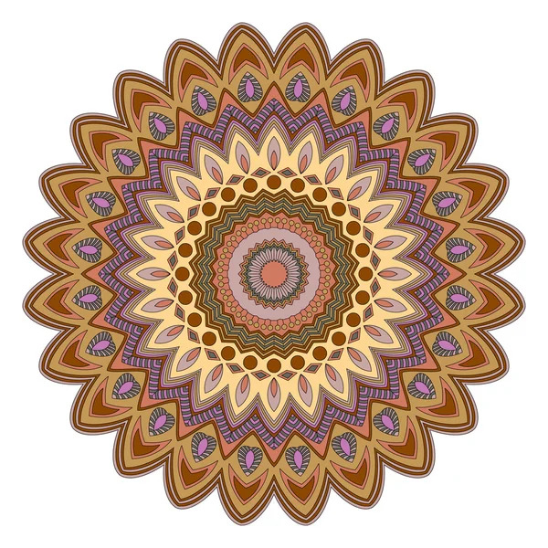 Circular mandala illustration with layered brown, tan, pink, and purple floral patterns on white