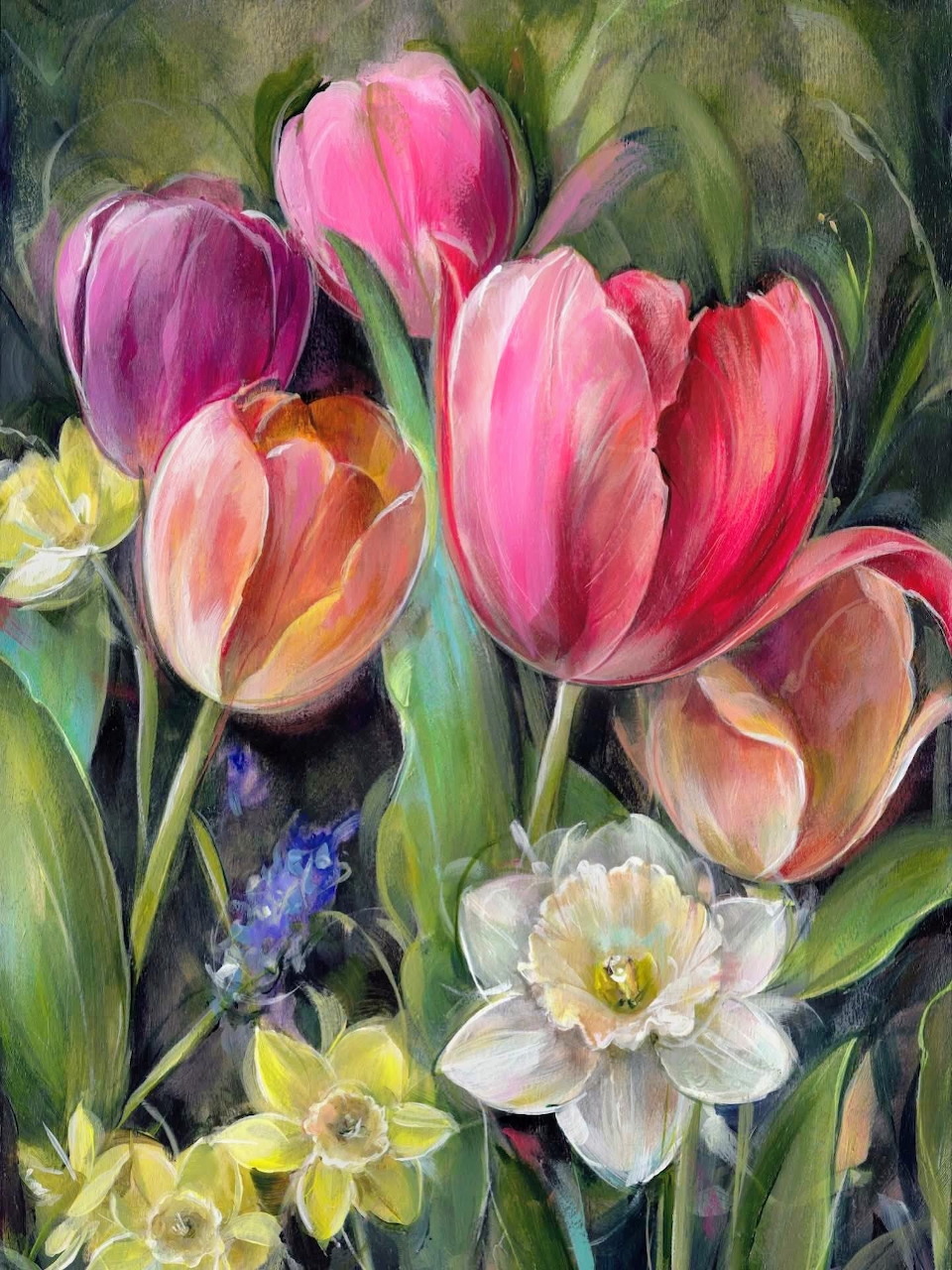 Painting of pink tulips, white flowers, and yellow daffodils in a soft green garden setting
