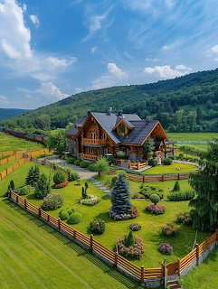 Aerial view of log cabin estate with landscaped yard and mountain backdrop