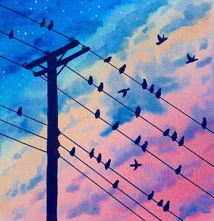 Watercolor birds sitting on power lines against a blue and pink cloudy sky