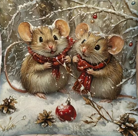 Two cute mice in red scarves amid snow, Christmas ornaments, and winter branches