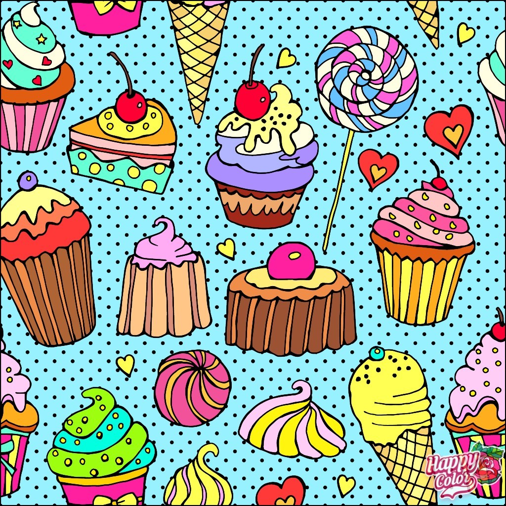 Colorful cartoon sweets including cupcakes, ice cream cones, candy, and cake on a blue dotted background