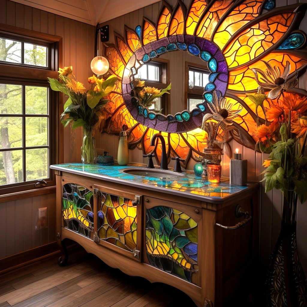 Sunburst stained glass mirror above a colorful cabinet in a warm wooden room