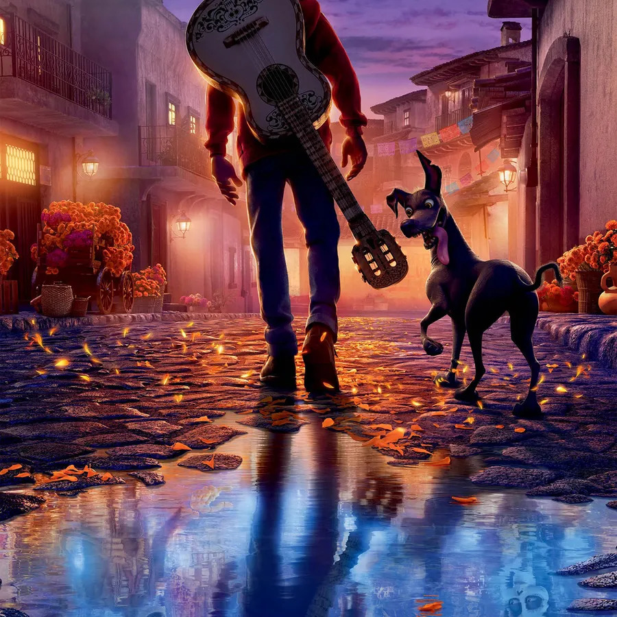 Skeleton holding guitar stands with black dog on marigold-petal street in animated village at dusk
