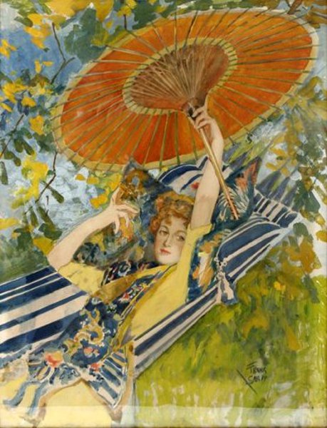 Woman in a blue floral kimono reclining in a striped hammock holding a red parasol, impressionist painting.