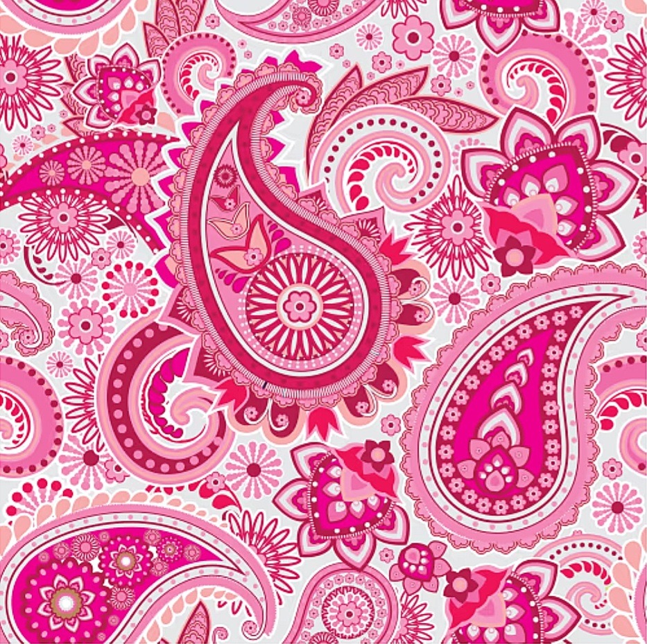 Ornate pink and red paisley pattern with floral details on white background