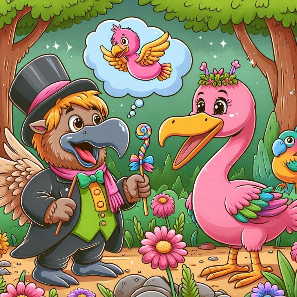 Cartoon bird magician in top hat with wand performing trick for pink flamingo in garden