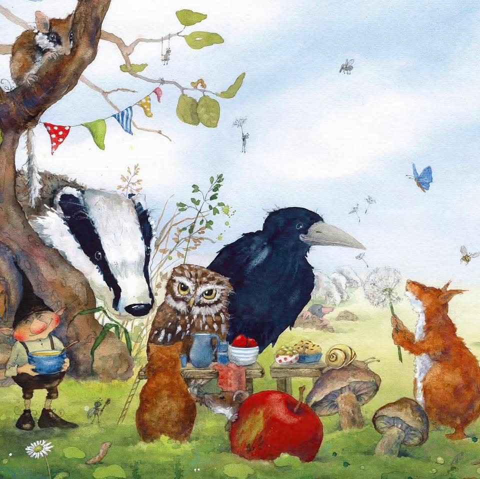 Watercolor illustration of woodland animals at an outdoor picnic gathering with badger, crow, owl, rabbits and squirrel