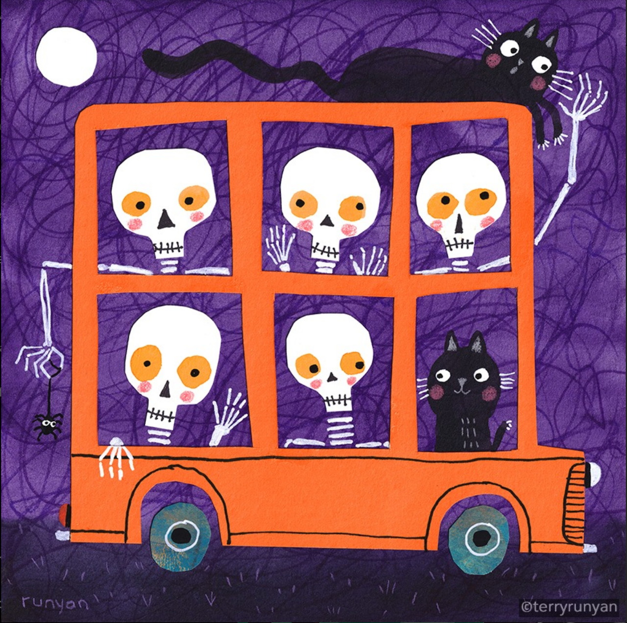 Illustration of black cats and skeletons in an orange bus against a purple night sky