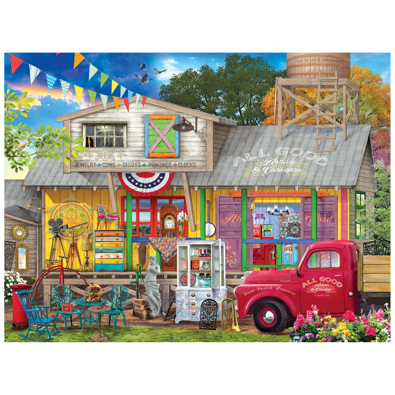 Colorful rustic country store with a red pickup truck, porch decor, and a water tower