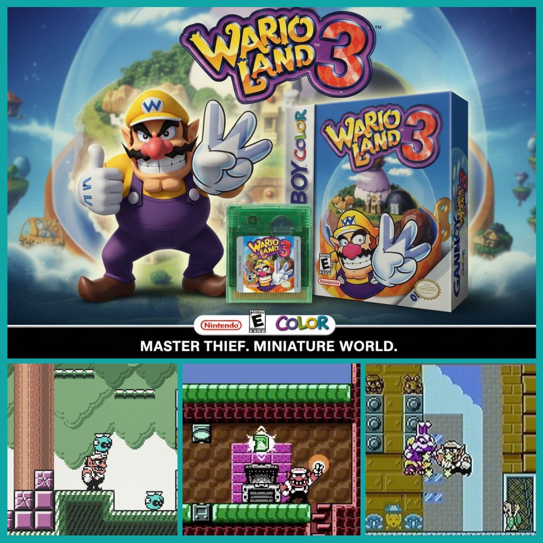 Wario Land 3 collage with box art, game cartridge, and gameplay screenshots featuring Wario