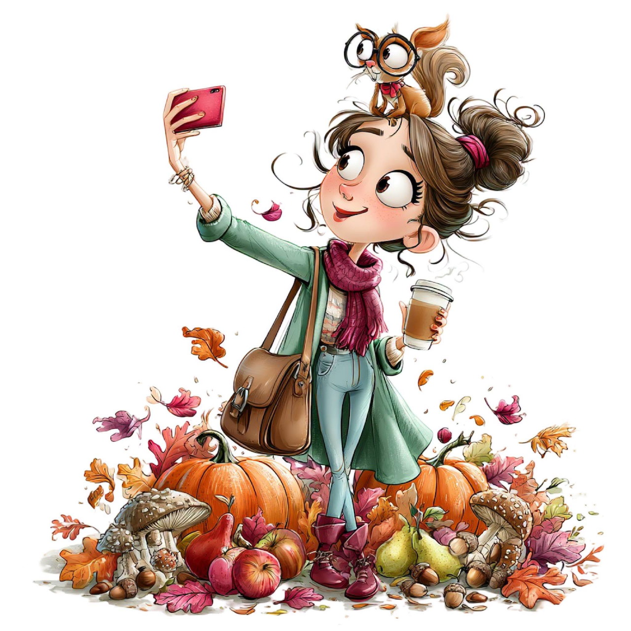 Illustrated girl taking a selfie in an autumn pumpkin patch with a small owl on her head