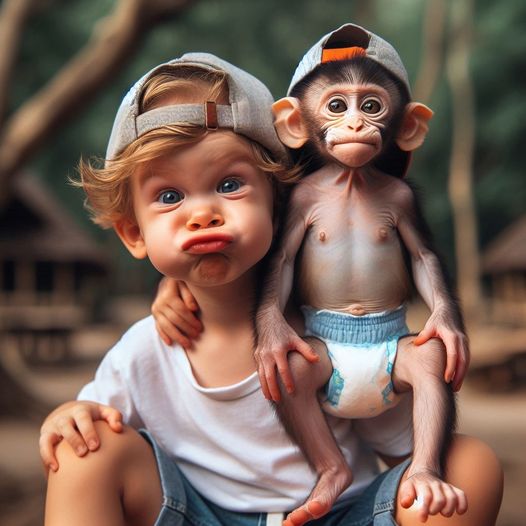 Toddler sitting with a baby monkey in a diaper outdoors