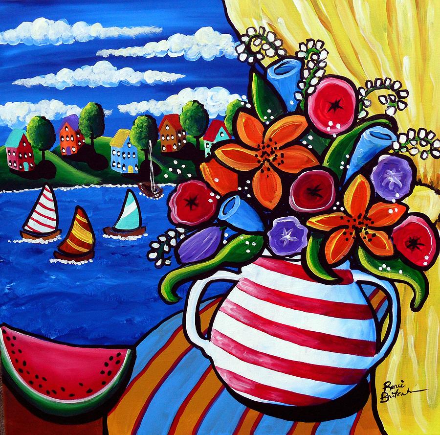Vibrant folk art painting with flowers in striped vase, watermelon, and sailboats on blue water with yellow curtain