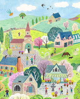Colorful illustration of a charming spring village with cottages, church, hills, and cherry blossom trees