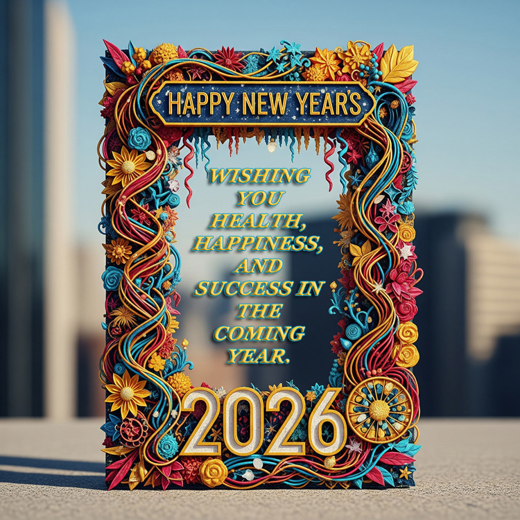 Colorful Happy New Year 2026 greeting card with decorative floral border and gold letering