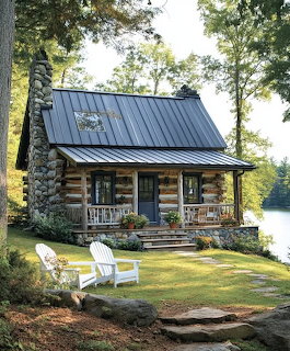 Log cabin with metal roof beside calm lake, white chairs on grass, surrounded by tall trees