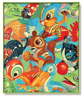 Vibrant painting of playful wind-up toy animals with winding keys in red, yellow, blue, and green colors
