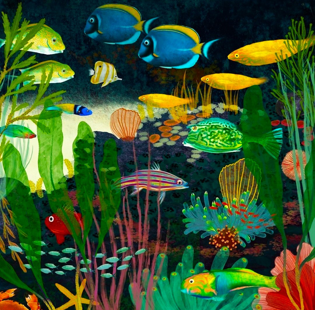 Vibrant tropical aquarium with colorful fish swimming among coral and sea plants