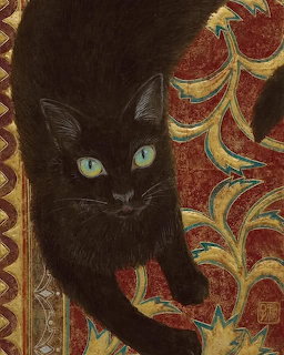 Black cat with green eyes on ornate swirled pattern background