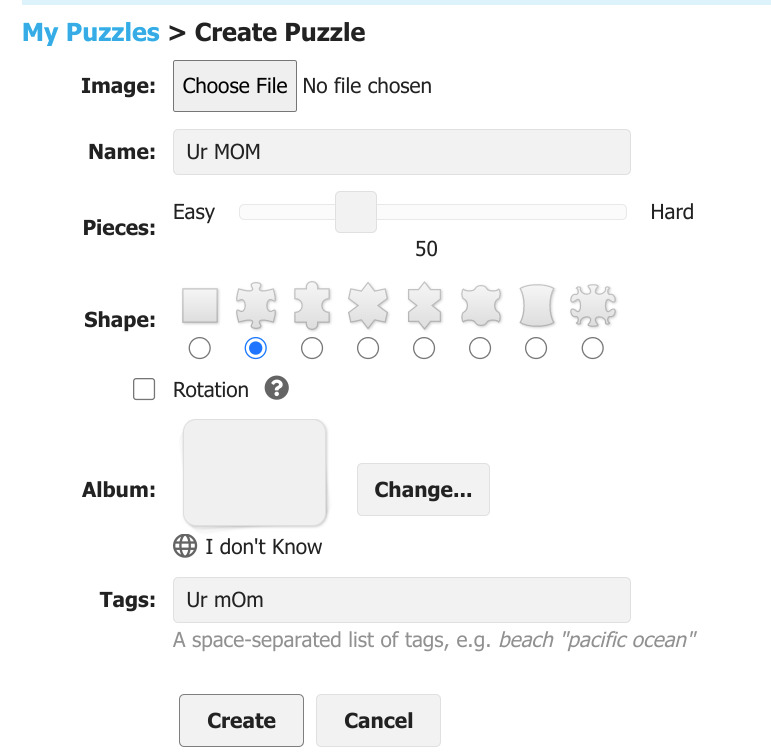 Screenshot of a puzzle creation form with upload button, piece options, album and tags fields