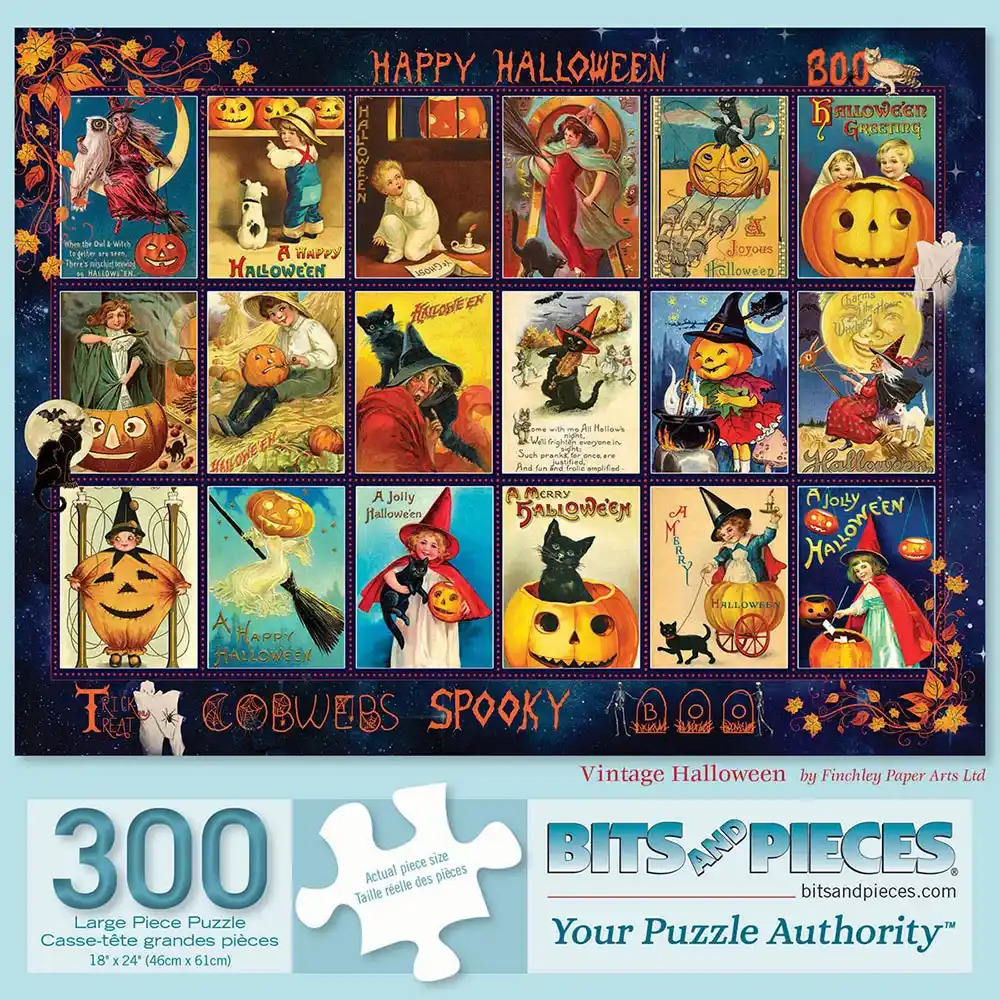 Square Halloween collage with vintage illustrations of witches, pumpkins, black cats, and fall motifs