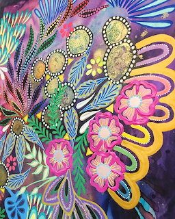 Colorful abstract art with stylized flowers, radiating patterns, dots, and swirling curves in vibrant hues