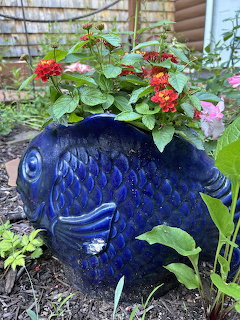 Blue Fish Planter with Flowers