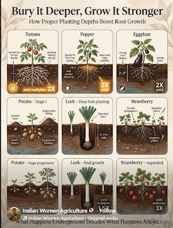 Illustrated garden chart comparing planting depth and root growth for several vegetables and strawberries