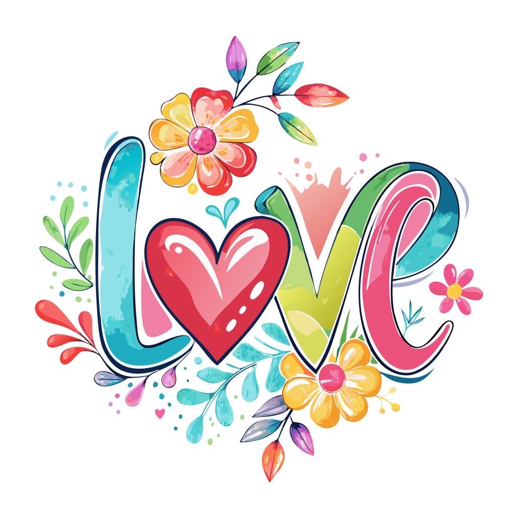 Decorative 'LOVE' lettering surrounded by watercolor flowers and leaves in bright colors