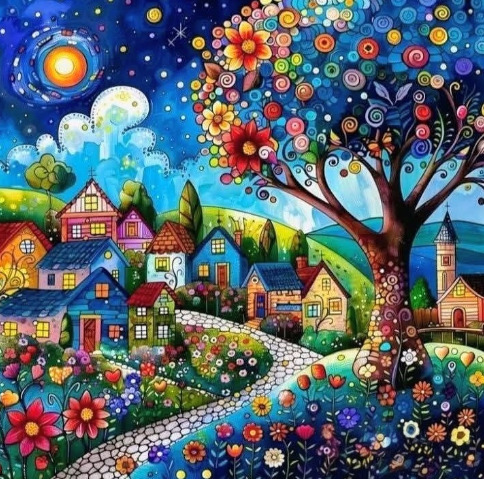 Whimsical folk art village scene with colorful houses, glowing tree, flowers, and night sky with moon and stars