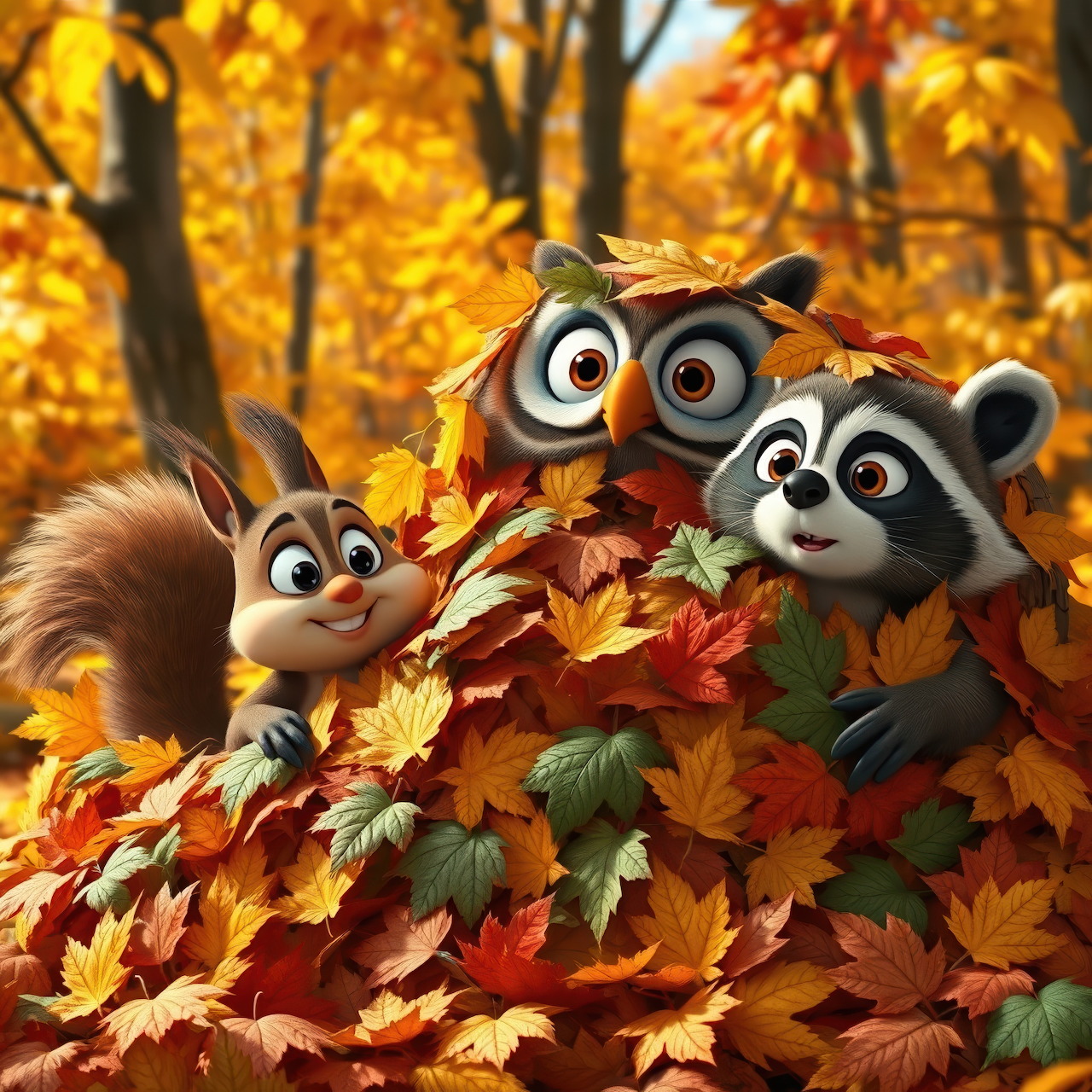 Cartoon squirrel, owl, and raccoon in autumn leaves