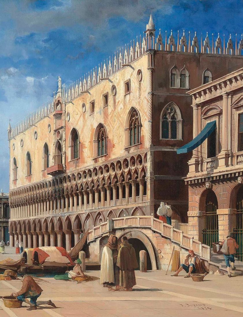 Painting of the Doge's Palace in Venice with Gothic arches, bridge, and people in the square
