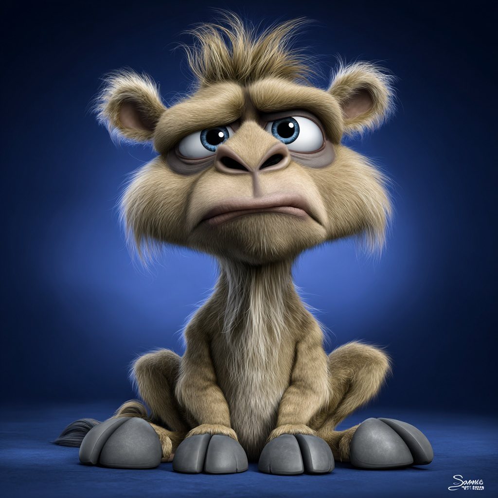 Cute 3D cartoon lion cub with grumpy expression and fluffy tan fur sitting on blue background