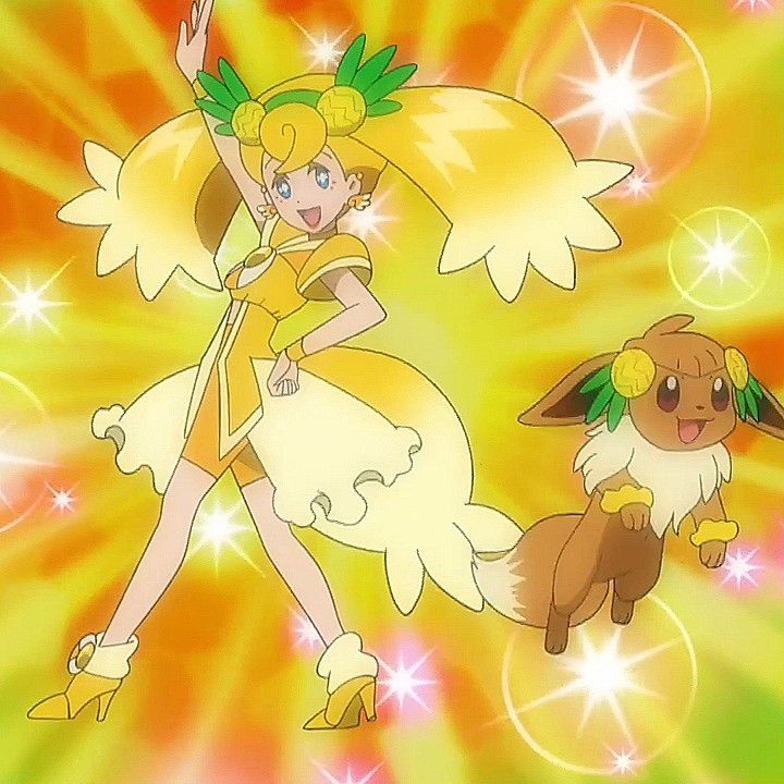 Anime girl Lana in yellow outfit with Eevee Pokémon on vibrant yellow and orange sunburst background