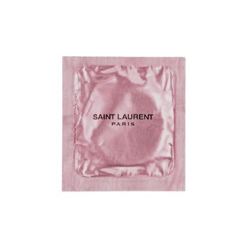 Pink foil packet centered on a white background with black text