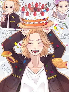 Anime characters celebrating birthday with strawberry cake and candles