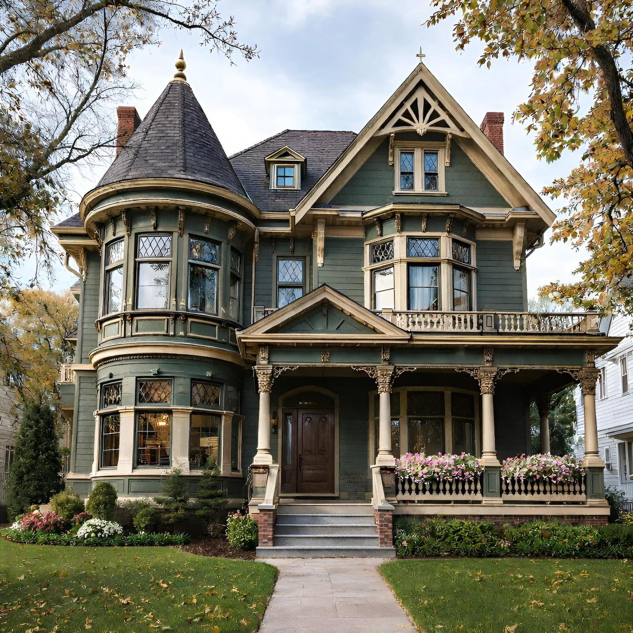 Victorian mansion with turret and ornate architectural details in autumn setting