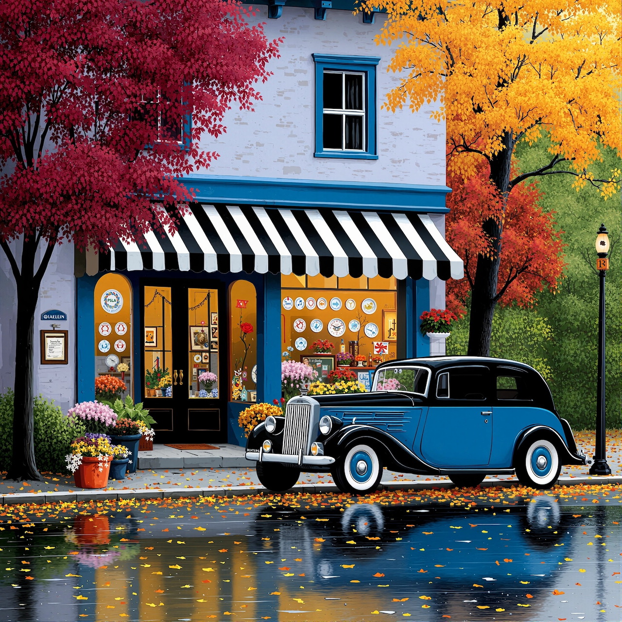 Quaint shop with striped awning, autumn foliage, and classic blue car parked outside on rainy street