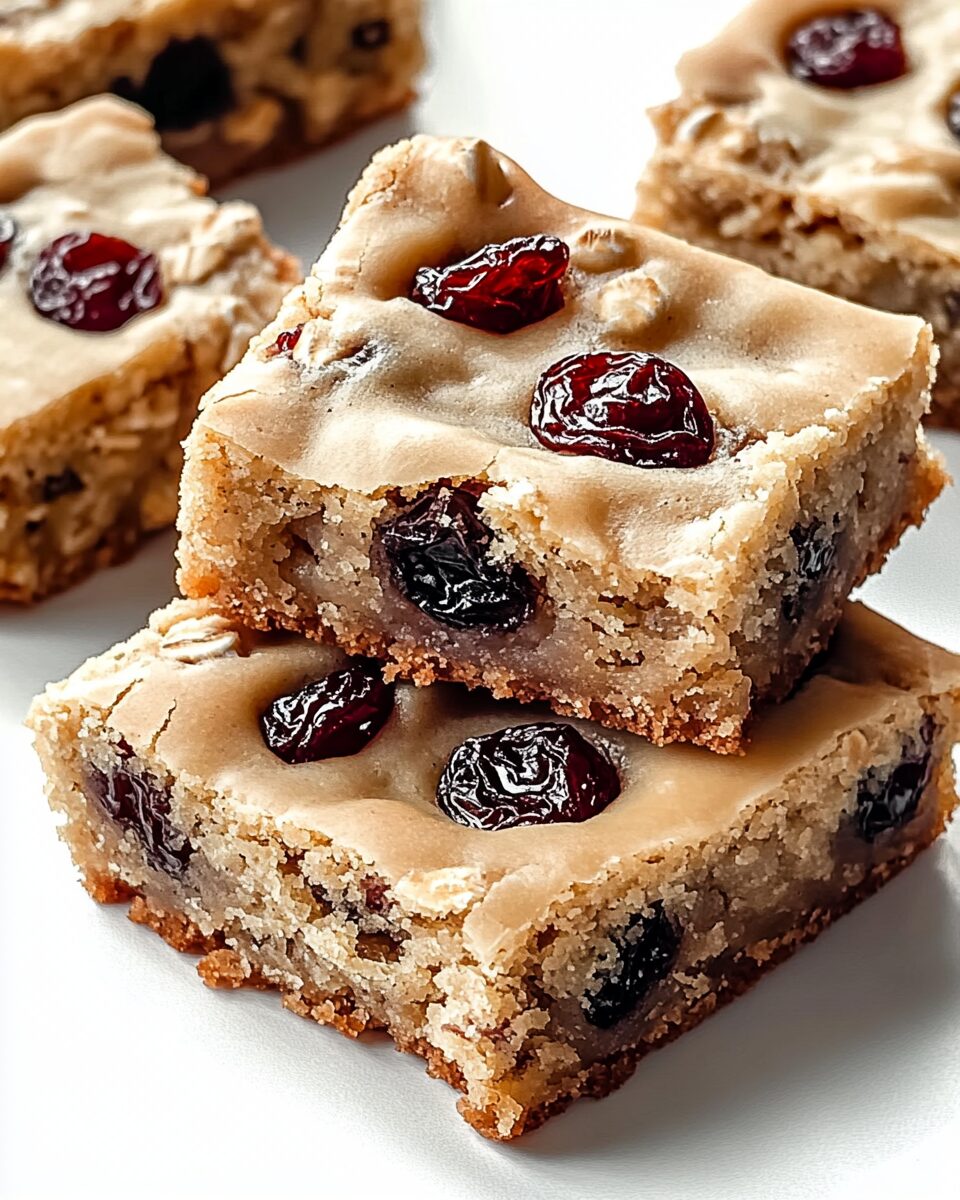 Stack of three frosted oatmeal raisin cookie bars with scattered raisins on top