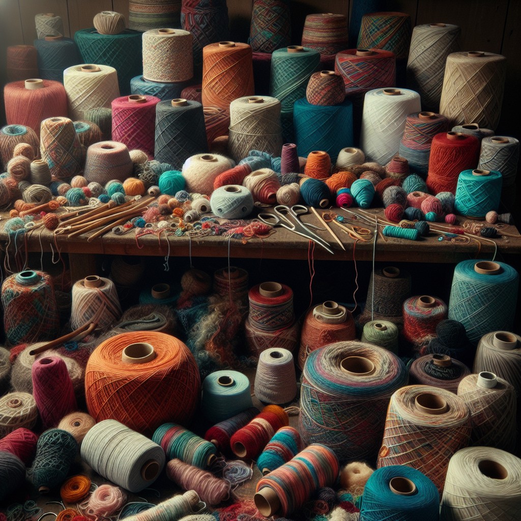 Colorful yarn spools and thread balls displayed on rustic wooden shelves