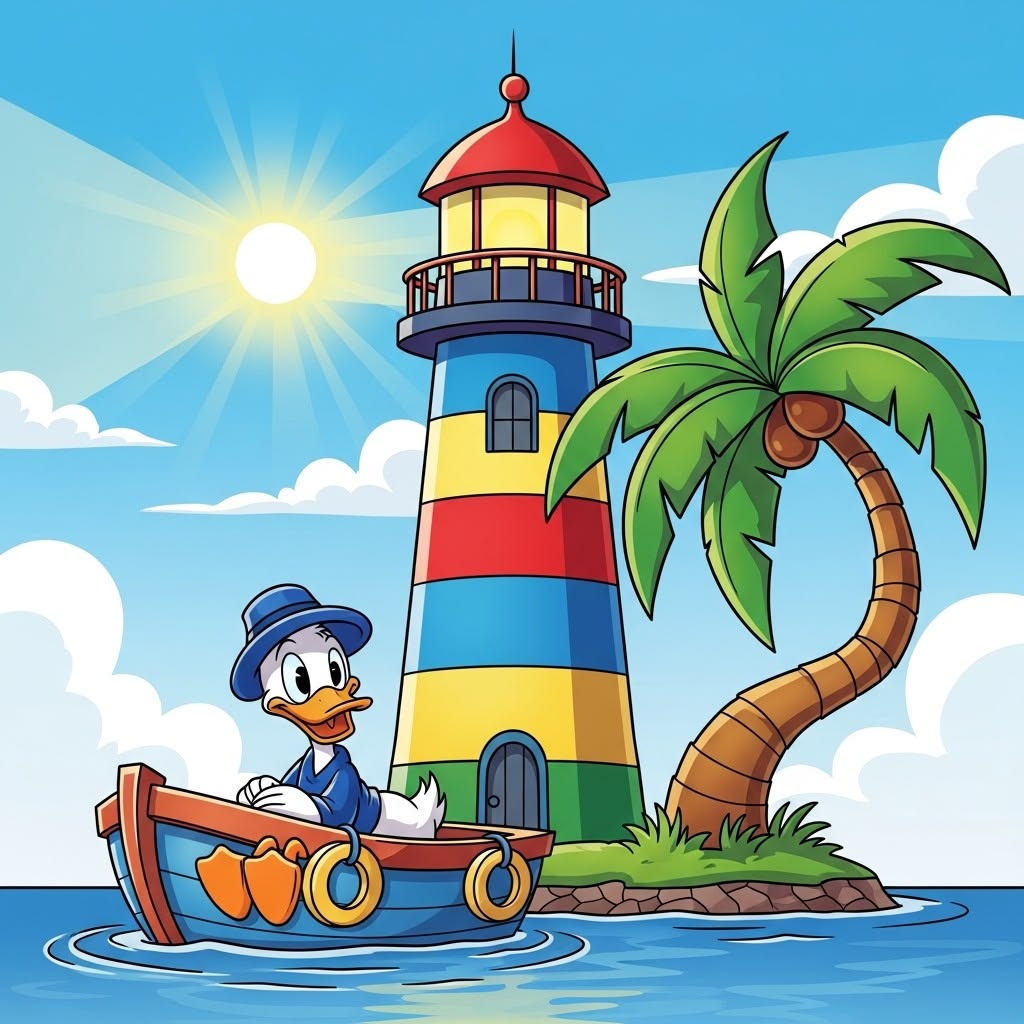 Donald Duck in a boat beside a colorful lighthouse and palm tree on the sea