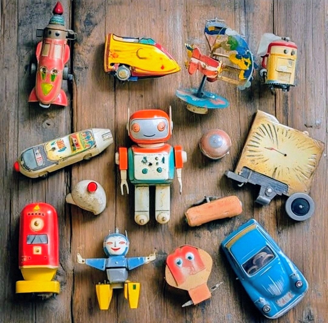Assorted vintage toy cars, robots, and figures laid out on a wooden wooden surface