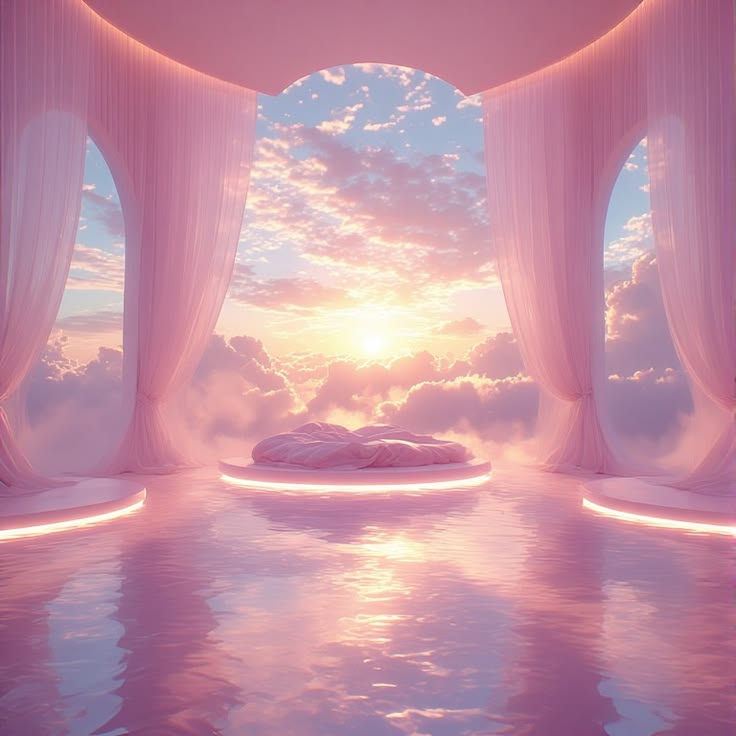 Dreamy pink pool interior with curtains, glowing arches, clouds, and a pastel sunset