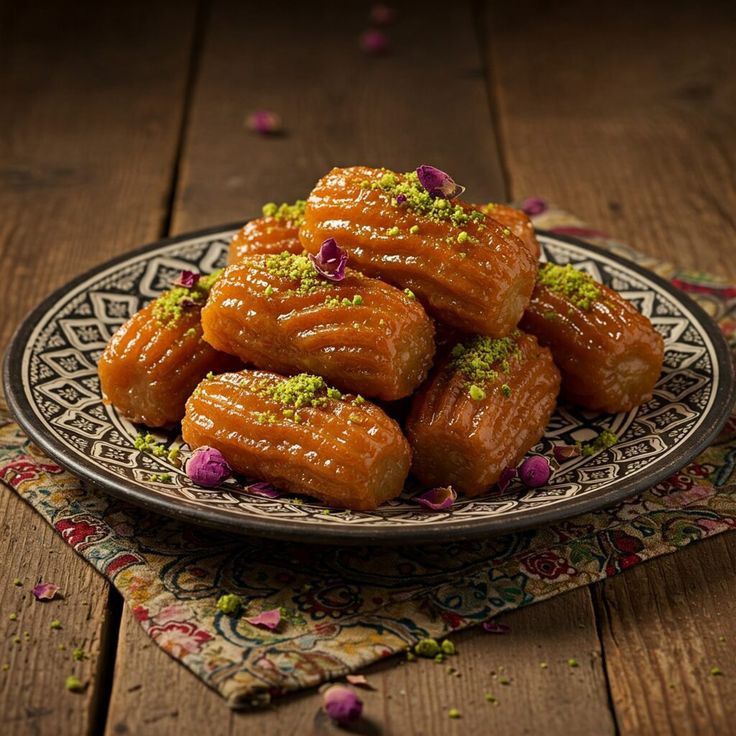 Golden baklava rolls topped with pistachios on ornate plate